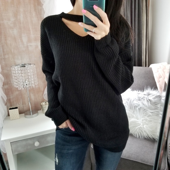 Sweaters - Black Sweater Tunic Top Keyhole Cut Out Top